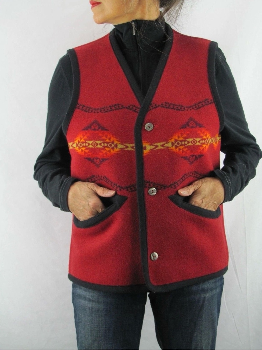 Pendleton Red Southwestern Wool Vest with Black Trim